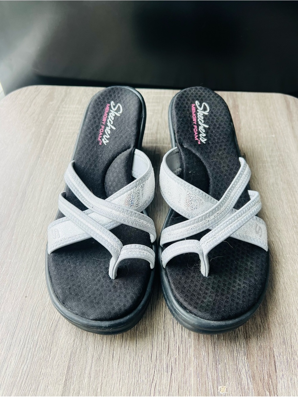 Skechers Women's Silver Crisscross Slide Sandals